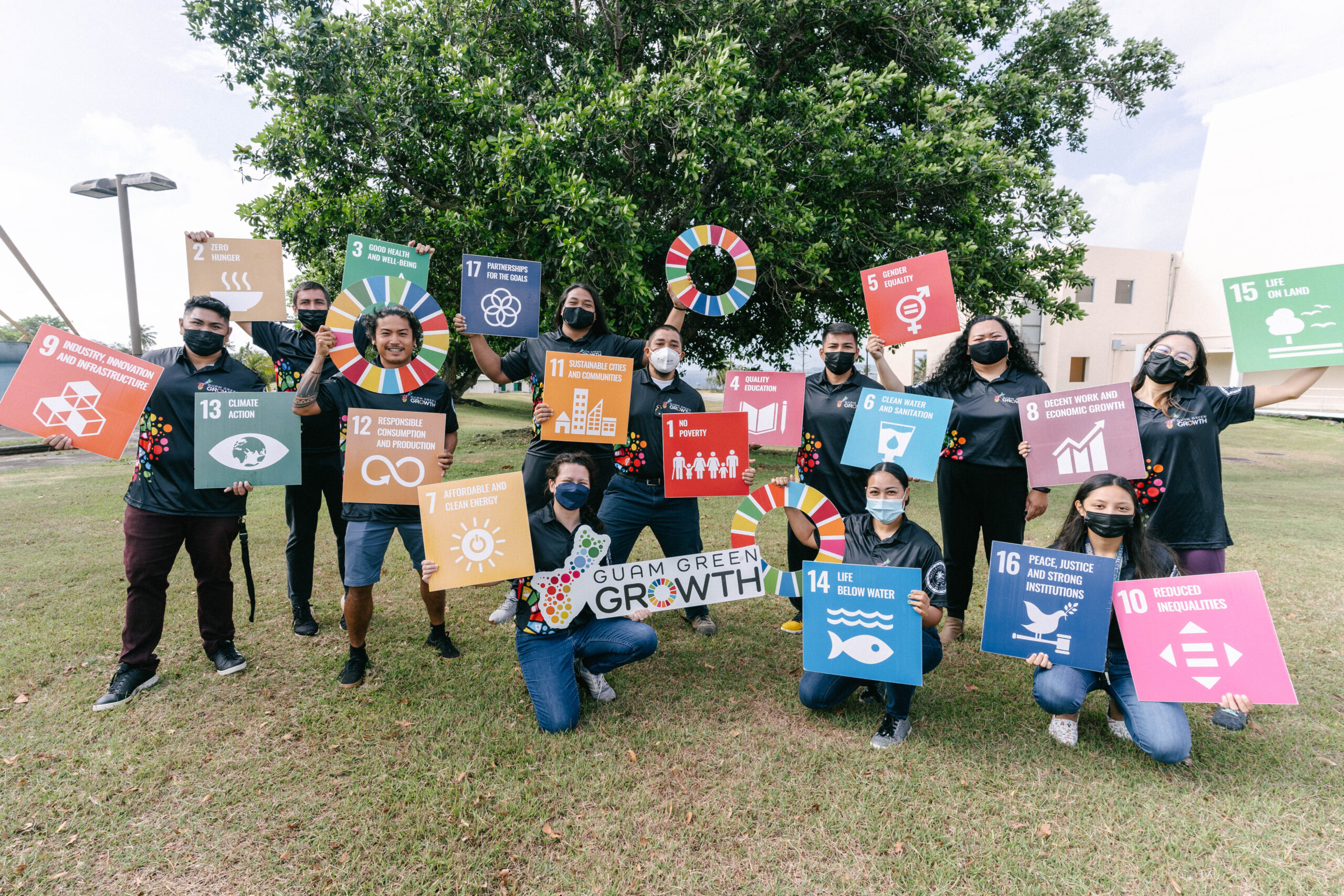 Members of the second Guam Green Growth (G3) Conservation Corps cohort display the U.N.’s 17 Sustainable Development goals during their program orientation, March 14, 2022, at the University of Guam in Mangilao. The G3 Conservation Corps is a five-month workforce development program that will prepare 12 selected applicants for Guam’s emerging green economy.