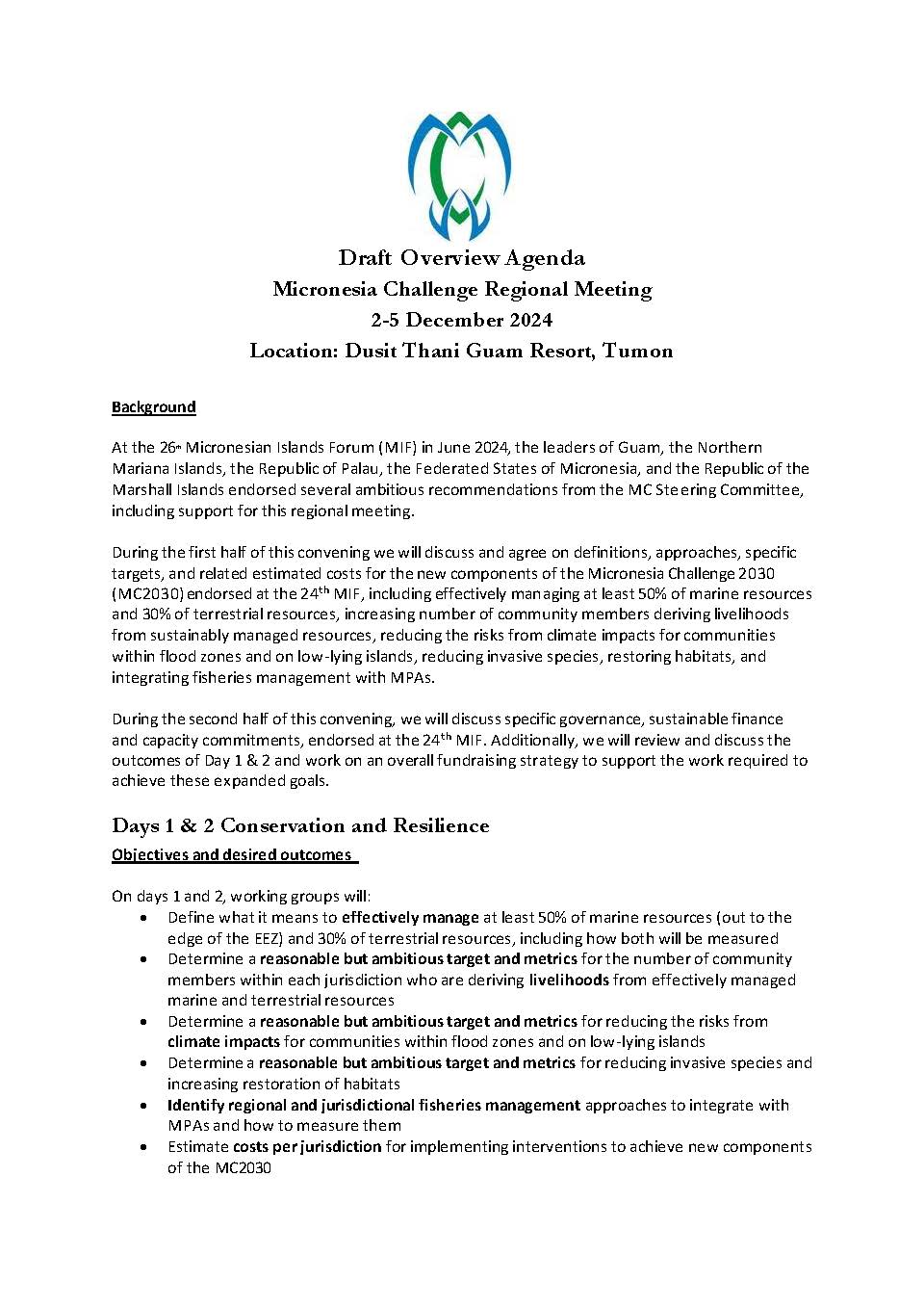 Micronesia Challenge 2024 Regional Meeting Agenda - Page 1