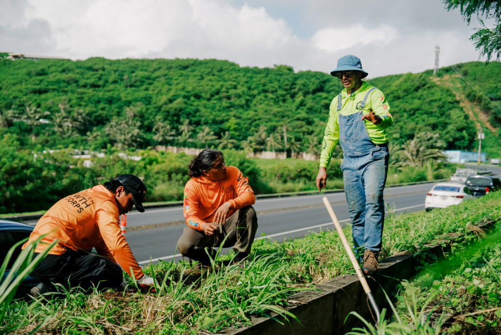 Members of the Guam Green Growth GROW Corps and Conservation Corps along with community volunteers and staff members of the Yoña Mayor’s Office prepared holes and planted over 30 plumeria trees along the cliff side.  The plumeria trees will sprout fragrant flowers that are favorites for arrangements and leis.