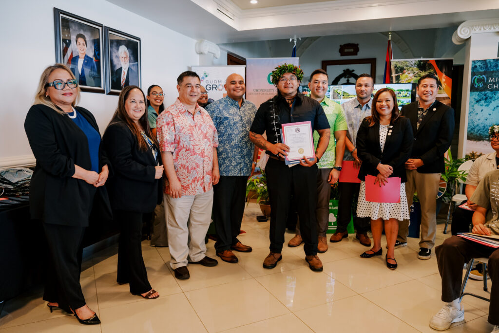 G3CC season five graduate Nicolas Quinata is awarded his certificate of completion along with commendations from the Office of the Governor, the Guam Legislature, and representatives of the Guam Mayor’s Council.  Upon completion of the six-month program, graduates also earned up to 80 continuing education units (CEUs) from UOG Global Learning and Engagement. 