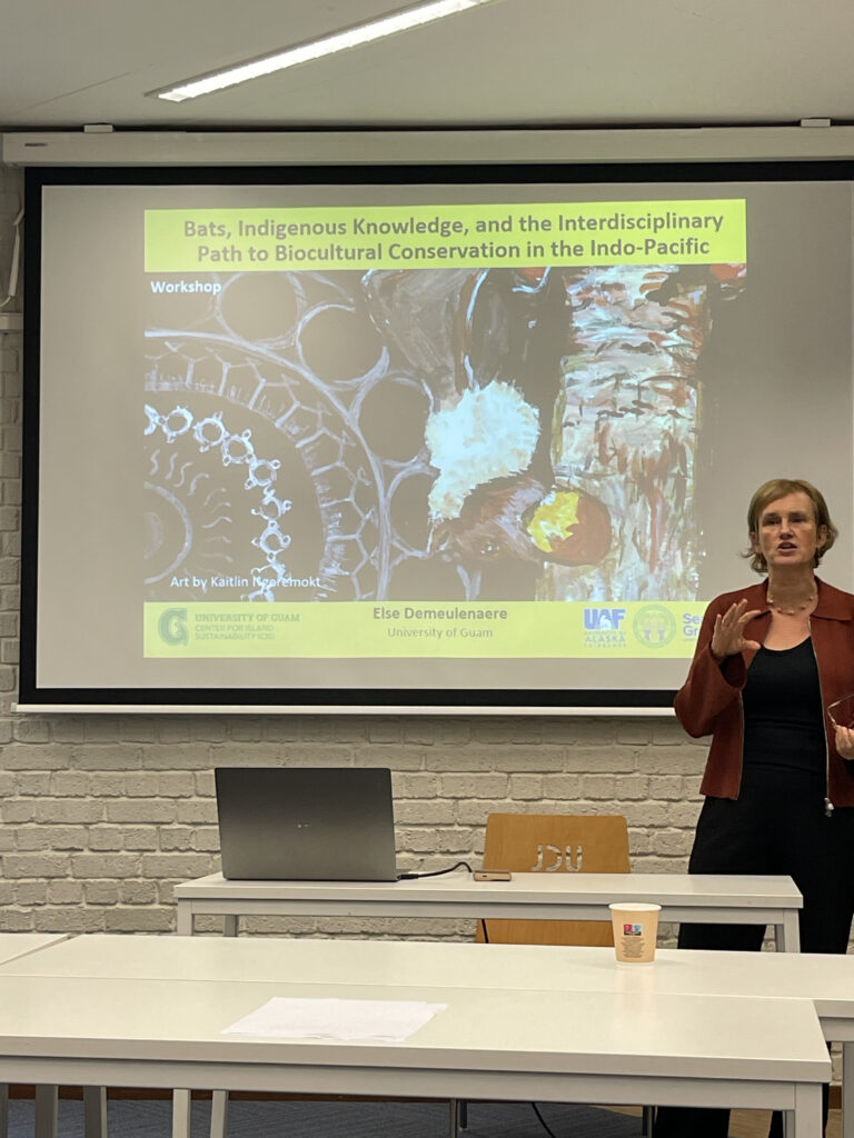 UOG CIS and Sea Grant associate director for natural resources Else Demeulenaere, Ph.D., presents on the Marianas Fruit Bat a seminar held in Belgium.  The event welcomed bat experts from all around the globe to discuss methods and practices for conservation of the mammals.