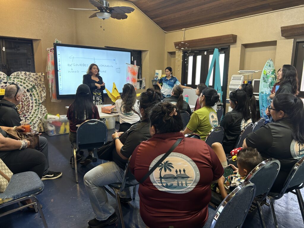 G3 Makerspace Circular Economy Coordinator Abby Crain, with support from Circular Economy Education Assistant Francesca De Oro, provides an overview of the G3 Makerspace and Innovation Hub during a visit by Guam Department of Education school librarians. The librarians toured the facility at the CHamoru Village in February as part of the 2026 GDOE Annual Library Conference.