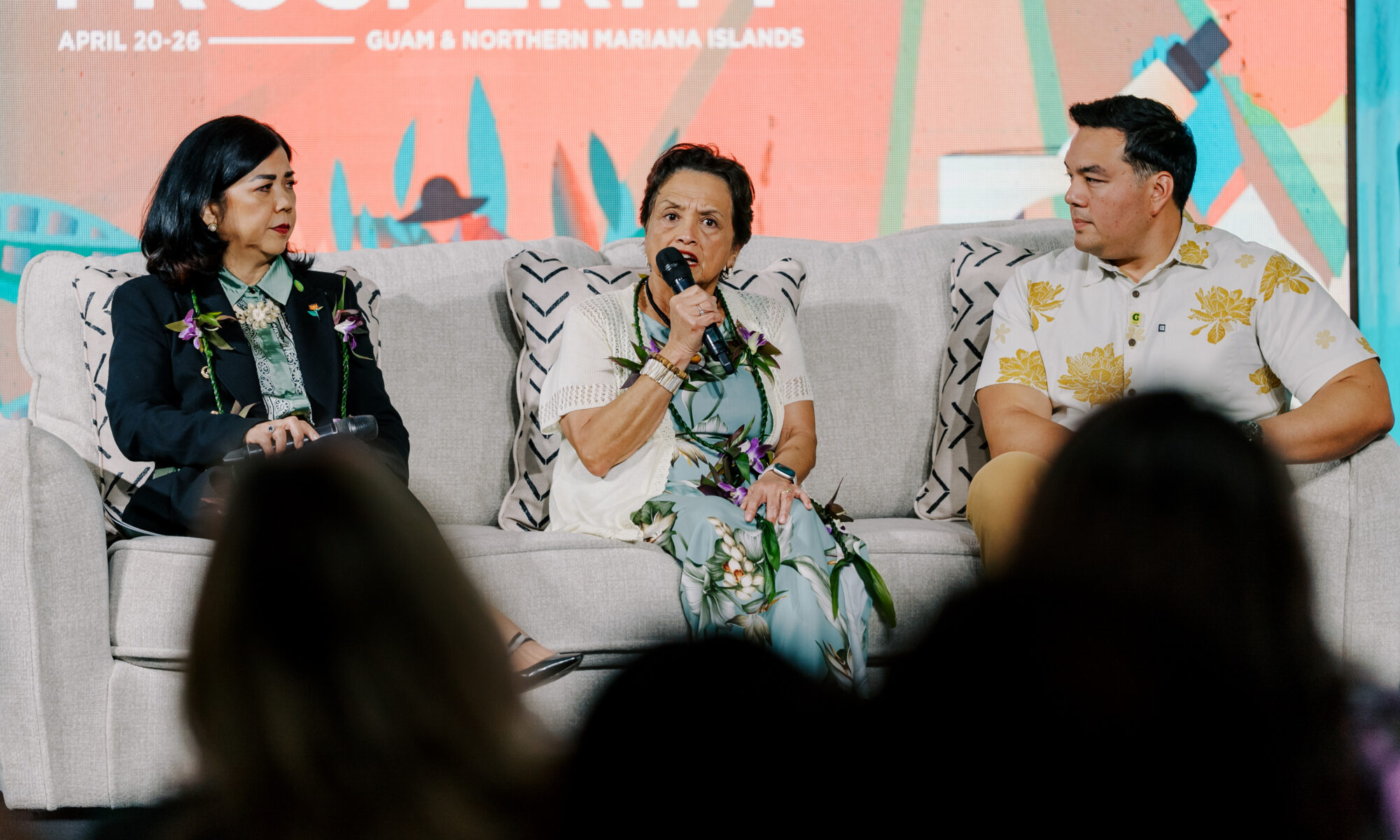 UOG President Anita Borja Enriquez, DBA, Gov. Lou Leon Guerrero, and Austin Shelton, Ph.D., director of the UOG Center for Island Sustainability and Sea Grant, participate in the “Conversations with the Co-Chairs” session during the 17th University of Guam Conference on Island Sustainability,