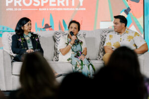 Anita Borja Enriquez, DBA, Gov. Lou Leon Guerrero, and Austin Shelton, Ph.D., participate in the “Conversations with the Co-Chairs” session