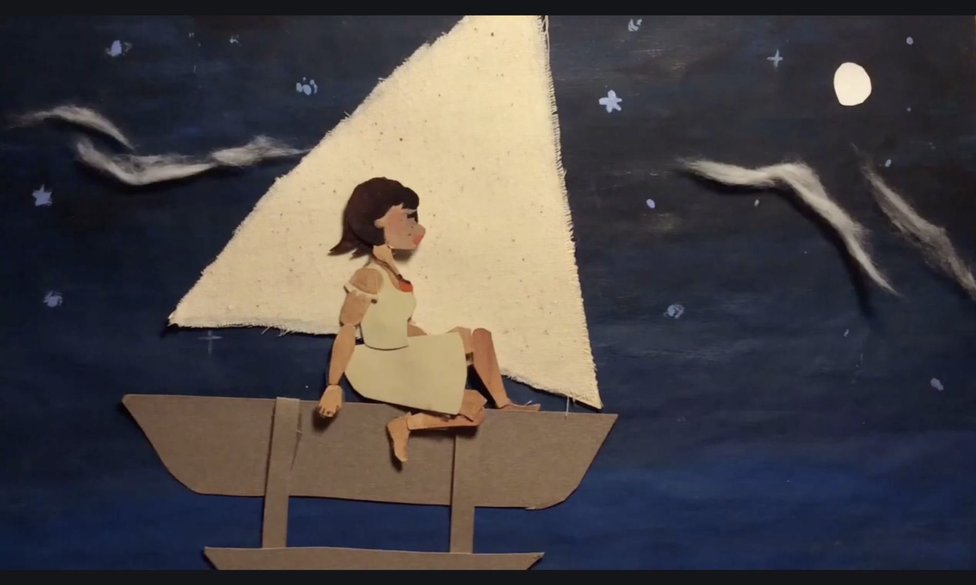 animation of young woman sitting on small outrigger boat under starry night sky.