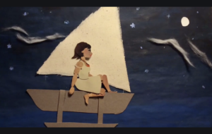 animation of young woman sitting on small outrigger boat under starry night sky.