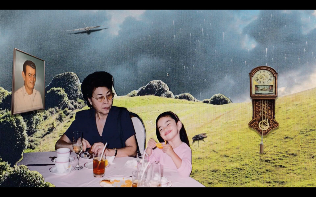 A surrealist collage features an older woman and a young girl sitting at a dinner table placed in an outdoor grassy field. A framed portrait of a man, a grandfather clock, and a large fly are floating in the scene, while an airplane flies through a dark, rainy sky in the background.