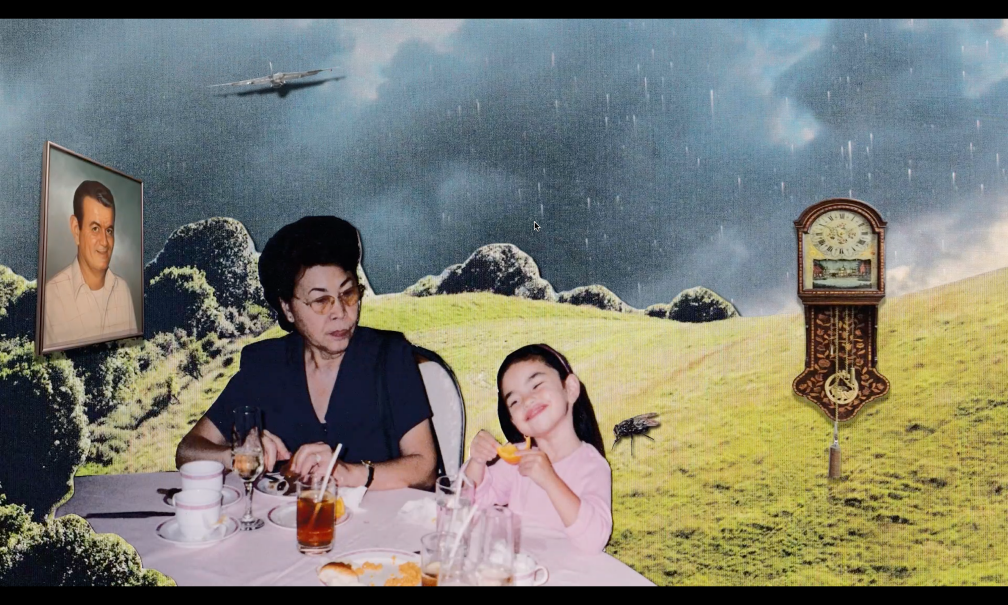 A surrealist collage features an older woman and a young girl sitting at a dinner table placed in an outdoor grassy field. A framed portrait of a man, a grandfather clock, and a large fly are floating in the scene, while an airplane flies through a dark, rainy sky in the background.