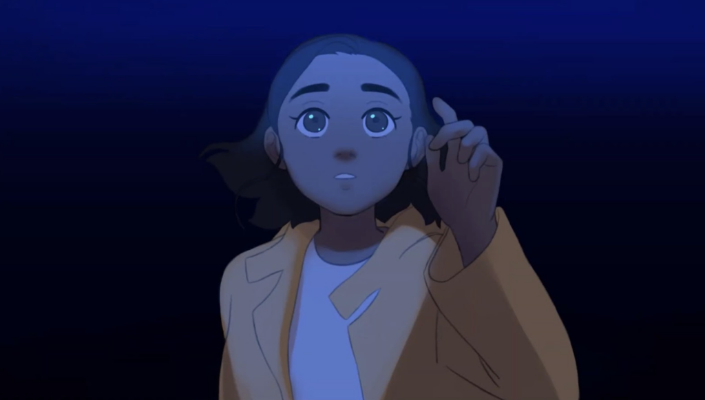 A digital animation frame of a young woman with dark, wavy hair and wide, expressive eyes looking upward in wonder.