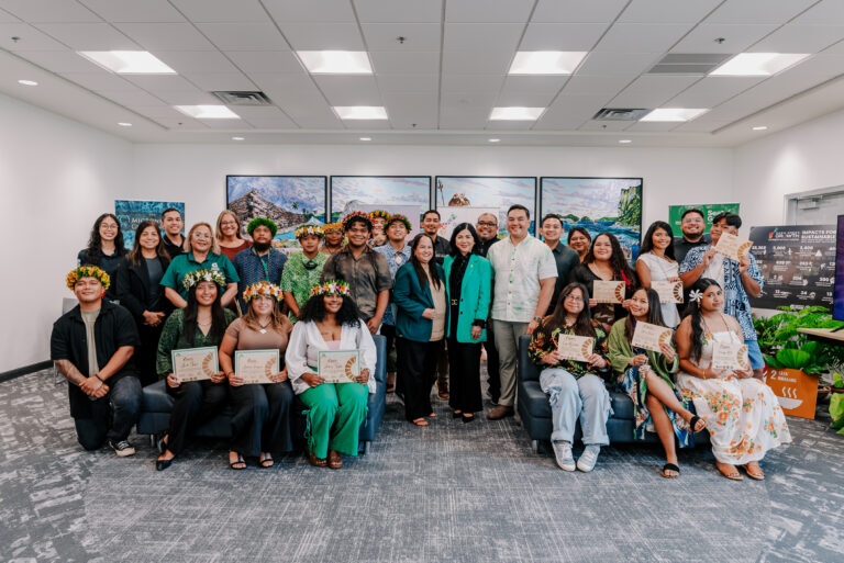 University of Guam President Anita Borja Enriquez, DBA, UOG Center for Island Sustainability and Sea Grant Director Austin Shelton, Ph.D., and program leaders join graduates of the sixth Guam Green Growth (G3) Conservation Corps cohort and G3 Youth Conservation Corps in group photo