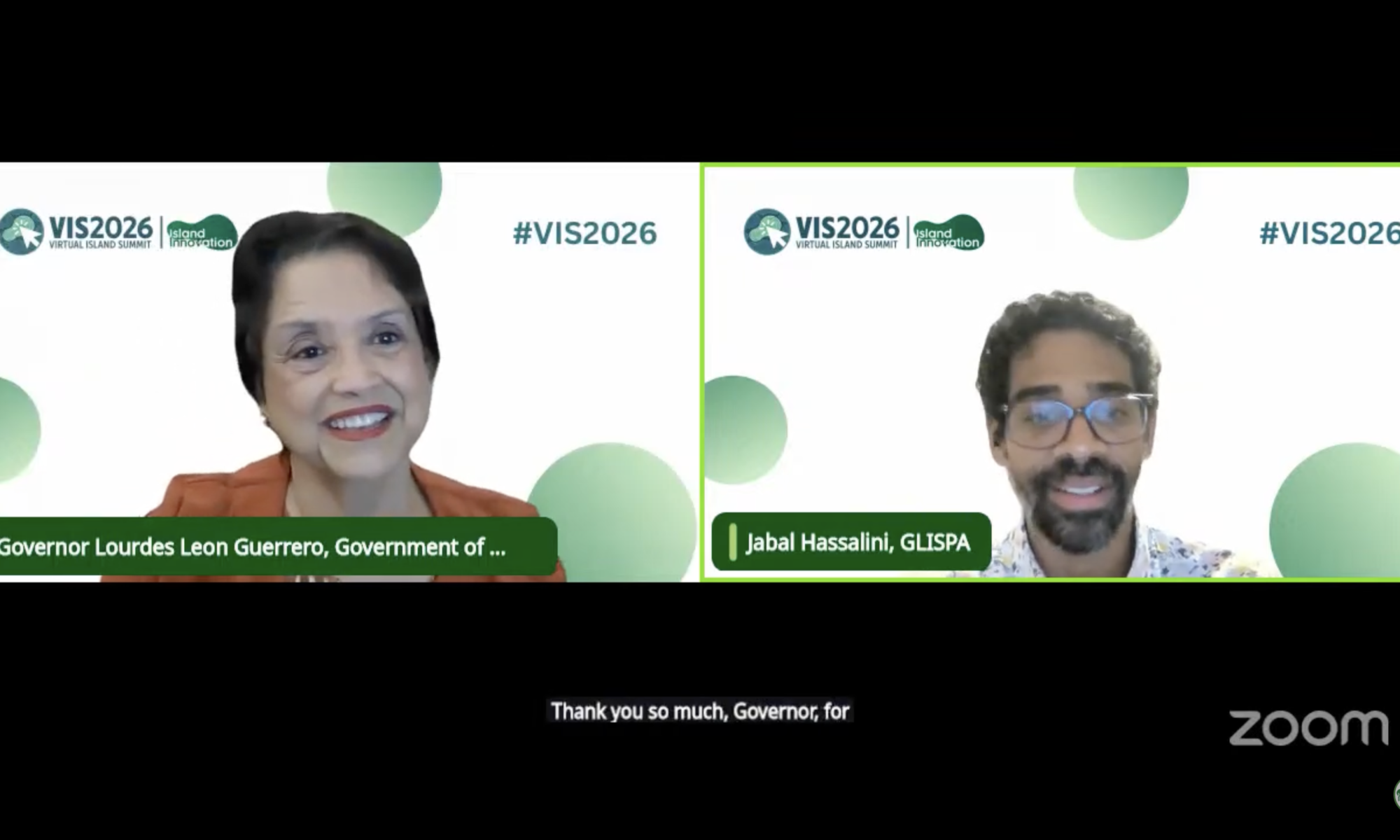a split-screen video capture of a Zoom meeting during the 2026 Virtual Island Summit, featuring Governor Lourdes Leon Guerrero speaking on the left and Jabal Hassalini from GLISPA on the right.